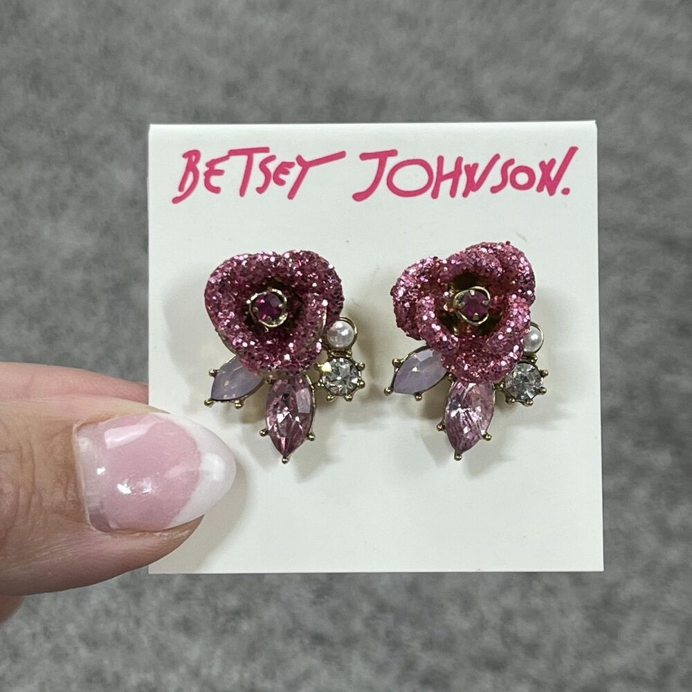 Betsey Johnson Pink Glitter Flower Stud Earrings Rhinestone Women Jewelry